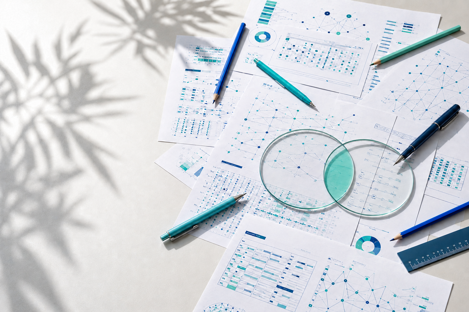 Grant proposal analysis materials with charts, writing instruments, a ruler and overlapping circular lenses on a sunlit desk.