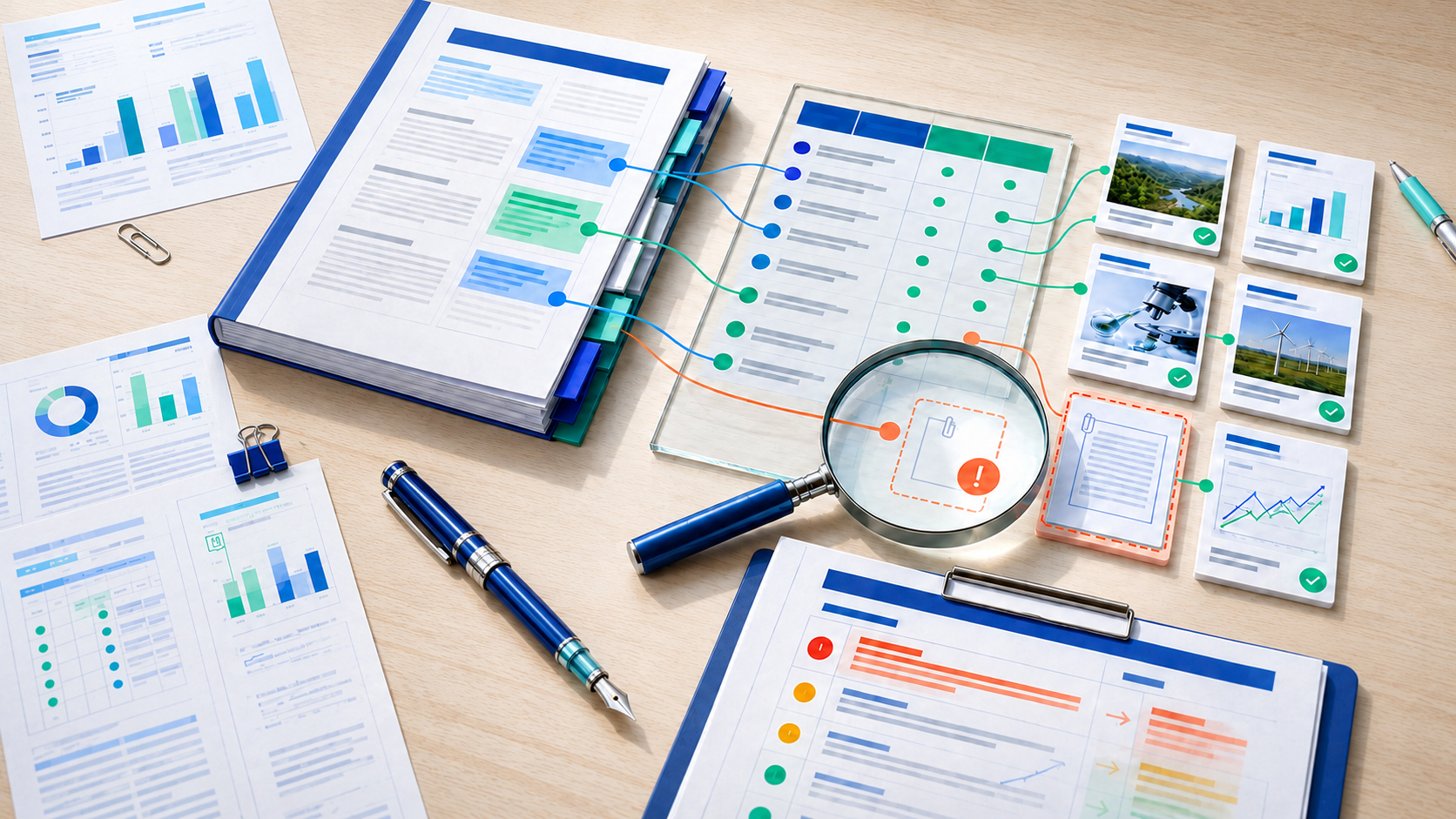 Grant proposal audit workspace showing proposal documents, evaluation criteria, evidence links, a detected gap under a magnifying lens and a prioritised audit report.
